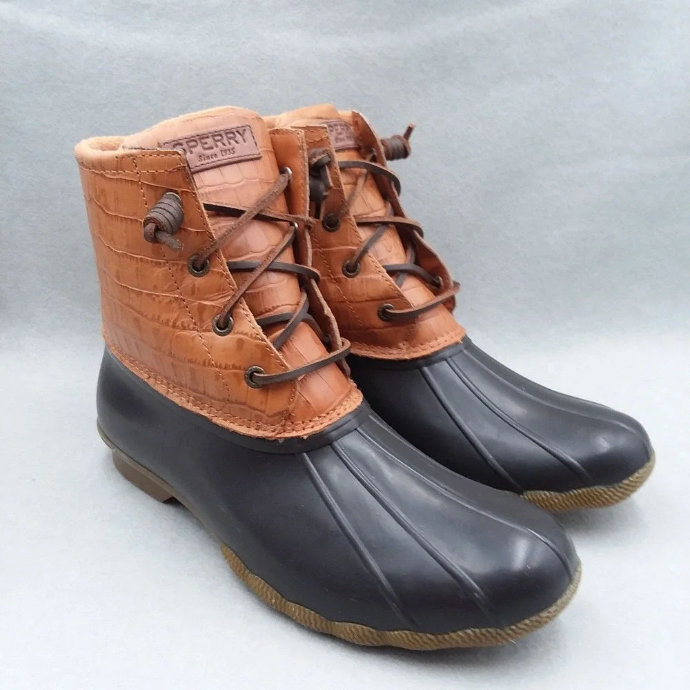 Sperry Saltwater Croc Embossed Duck‎ Boots Women's 10 Brown Leather Waterproof